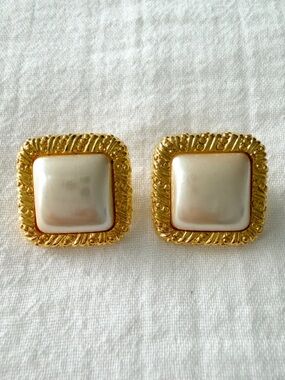 Vintage Square Gold & Pearl Stud Earrings